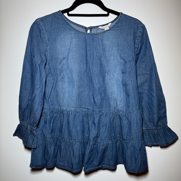 Blue Denim Ruffle Blouse - Picture 1 of 6